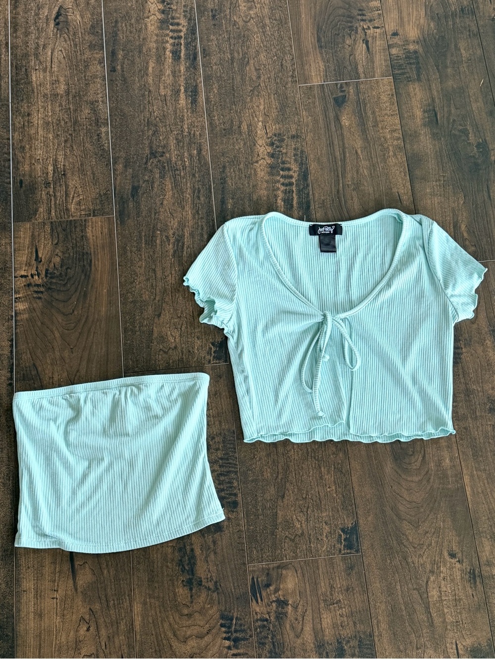 Light Aqua Ribbed Short Sleeve Cardigan and Tube Top Set